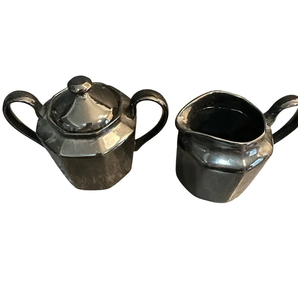 Fitz and Floyd Cream Sugar Set Art Deco Black Ceramic Octagonal Japan MCMLXXVIII